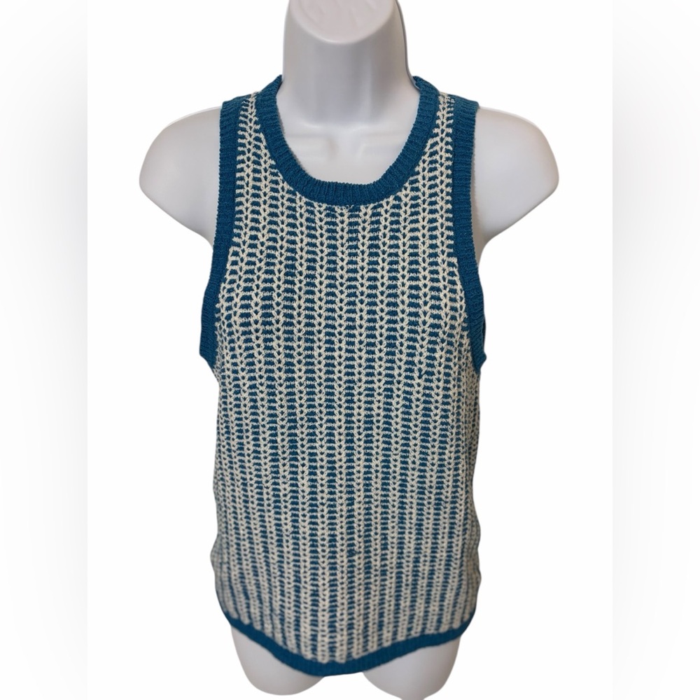 Ann Taylor Blue White Knit Tank Top SP Sleeveless Textured Cotton Blend